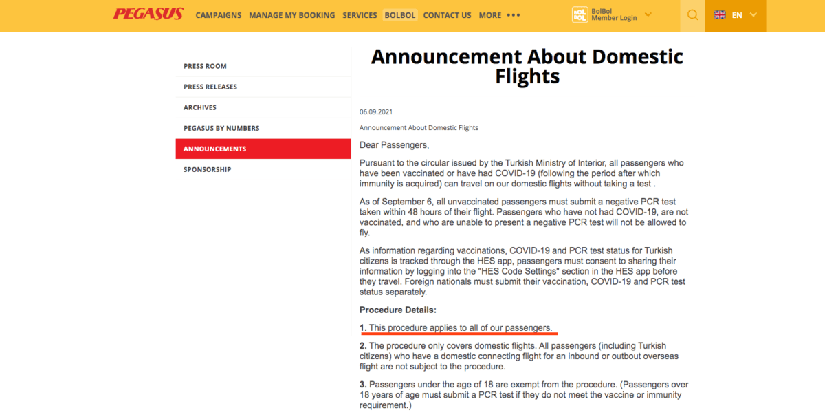 pegasus airlines domestic restrictions
